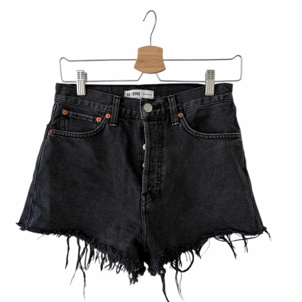 Re/Done High Rise Denim Cut Off Jean Short Size 26 Black Frayed Hem Festival